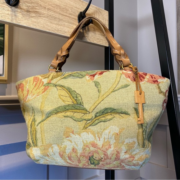 VTG Y2K FOSSIL handBag Plants Floral Leather Key Charm Boho with scarf - Picture 5 of 16